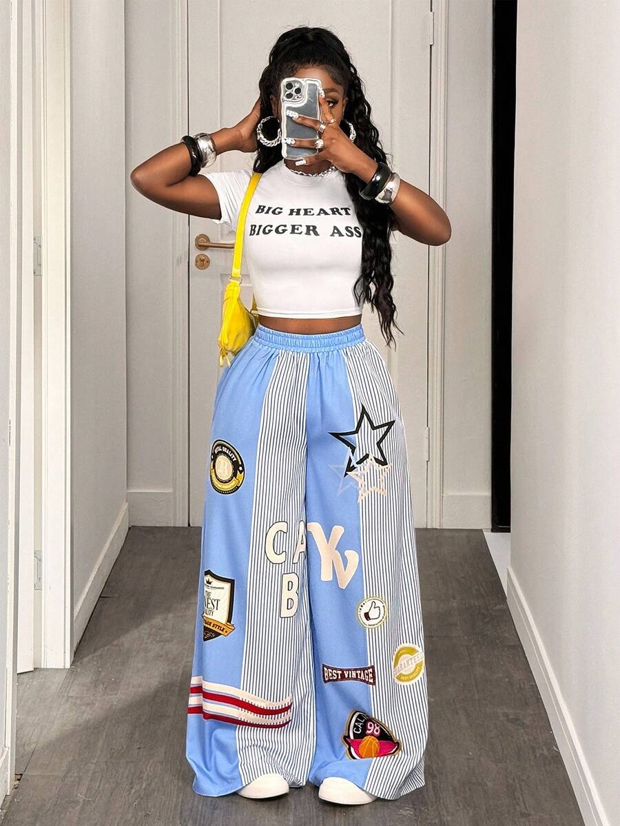 BamGleam 女式松紧腰五角星条纹印花阔腿休闲裤 - 藍色 - 查看 1