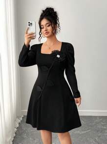 Elenzga Plus Size Women's 3D Floral Square Neck Long Sleeve Dress, Elegant, Soft, Retro, Luxury, Romantic Maxi Dress Fall Cloth For Women - Black - View 5