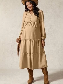 Boho Mama Maternity Solid Color Long Sleeve Button Design Frill Trim Casual Dress - Khaki - View 7