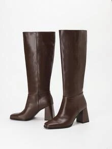 Mnmlis 性感时尚方头粗高跟休闲百搭修身及膝靴，咖啡色 - 咖啡棕 - 查看 4