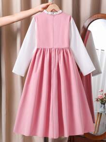 SHEIN 女童长袖 A 字裙，白色袖子和粉色连衣裙，可爱的花卉蕾丝边，适合日常穿着和通勤 - 粉色 - 查看 2