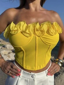 Manon Tanti Romantiskt sexig axelbandslös volangsmonterad crop Top för semester, datum, alla hjärtans dag, eftermiddagste - Gul - Visa 3