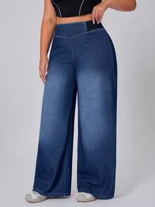 Flexra Plus Size Casual Washed High Waist Wide Leg Jeans - Dark Wash - View 7