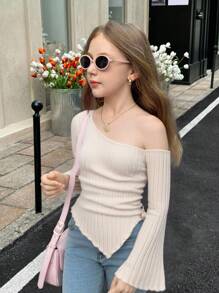 SHEIN 青少年女孩 3 色 3 件套抽绳不对称下摆喇叭袖 T 恤、露肩 T 恤、秋季服装、万圣节服装、舒适 T 恤、返校季、圣诞节 - 彩色 - 查看 4