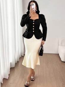 SHEIN Lady Women's Elegant Commuter Urban Puff Sleeves Sweetheart Collar Metal Trim Buckle Cinched Waist Tie Embellished Bow A Hem Blazer Solid Color To Wear In All Seasons Teacher Outfits For Women Business Casual Woman Office Outfits For Women Going Out Tops Western Wear Women In Fall/Winter - Black - View 5