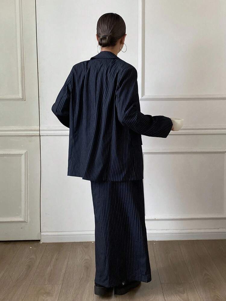 2pcs Women's Business Casual Striped Lapel NeckJacket And Skirt Suit Set, Autumn