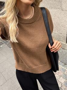 Elyressa Áo len chui đầu cổ tròn không tay màu trơn thường ngày dành cho nữ - màu nâu - Xem 5