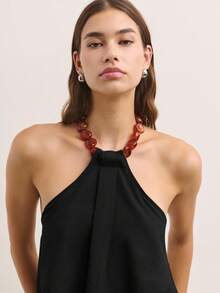 Nöista This Sleeveless Halter Top In Muted Olive Features A Draped Front And Wooden Bead Neckline, Creating A Relaxed, Flowy Silhouette. Perfect For Summer Outfits, Cute Summer Tops, Plus Size Summer Clothes, And Women's Summer Clothes. - Black - View 4