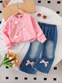 Elladie kids 两件套女童粉色圆领长袖蝴蝶结卫衣搭配喇叭牛仔裤，时尚甜美可爱，适合秋冬季节。粉色蝴蝶结牛仔裤，儿童粉色蝴蝶结牛仔裤，粉色蝴蝶结套装，女童粉色蝴蝶结卫衣，秋冬季 - 卡其色 - 查看 5