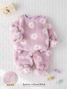 Cozy Pixies 2 pezzi Set di felpa con collo a giro a maniche lunghe con stampa floreale e fodera in pile e pantaloni con vita elastica alla caviglia per bambina