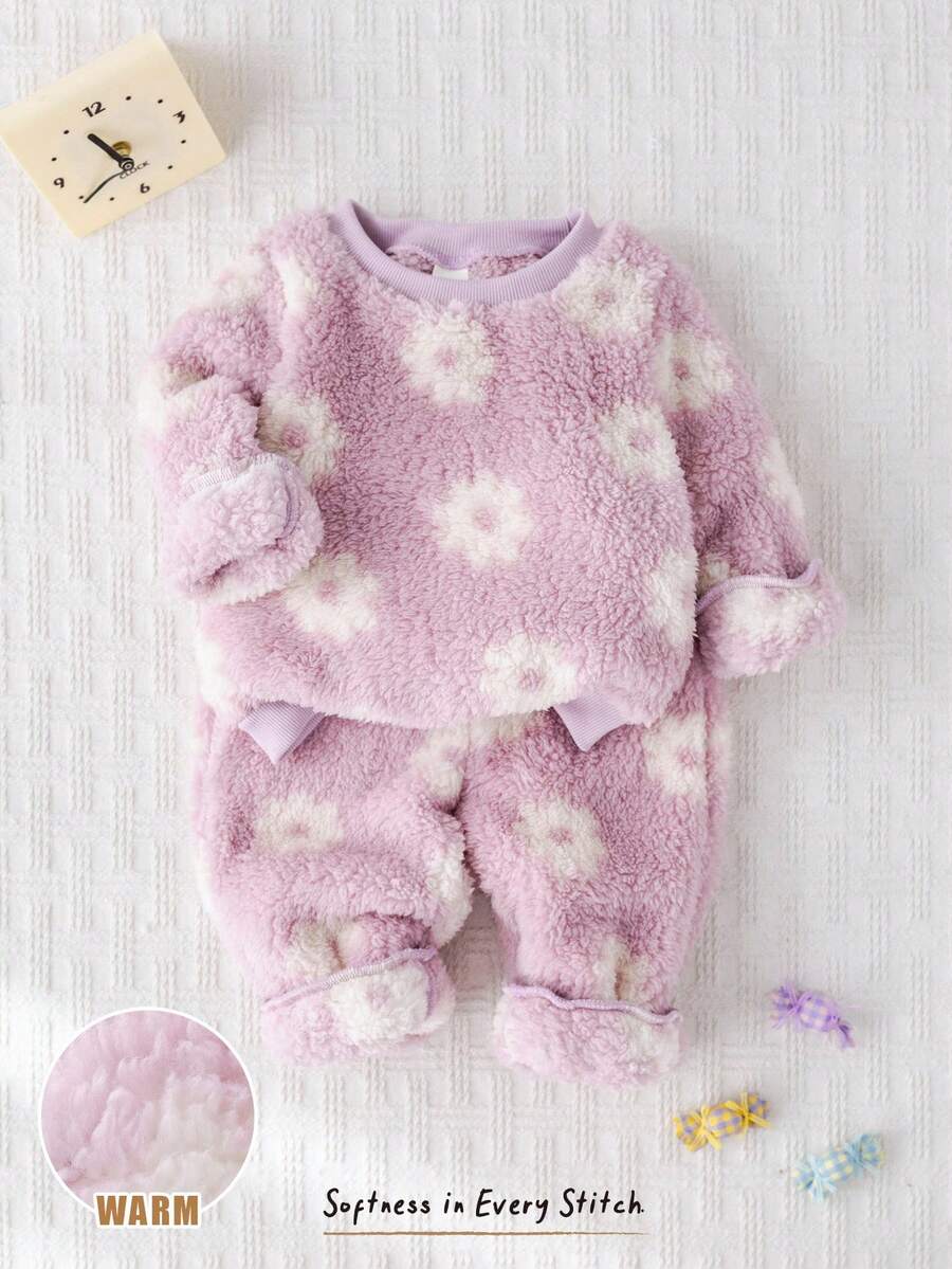 Cozy Pixies 2 pezzi Set di felpa con collo a giro a maniche lunghe con stampa floreale e fodera in pile e pantaloni con vita elastica alla caviglia per bambina