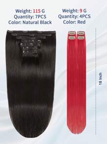 SMART&MATCH 7PCS With 20 Clips Color 1B# Natural Black 115G And 4PCS RED Colored Straight Clip In Hair Extensions 100% Real Human Hair 18 Inch Double Weft Invisiable Clip Hair Extensions Remy Natural Human Hair Highlight Colorful For Women /Girls Daily Use - S1B+RED - View 2
