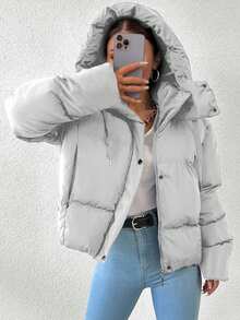 EURMUSE 女式纯色长袖拉链前抽绳连帽休闲冬季夹克 - 白色 - 查看 3