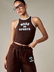 MISSGUIDED MSGD Athletic Racer Back Tank Top Women Halter Neck Crop Top Summer Workout Gym Sports Running Sleeveless Active Wear Fitted Exercise Training Vest