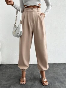 Cottnline Women's Solid Color Pleated Cuffed Cropped Pants - Beige - View 4
