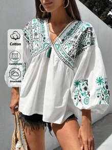 SHEIN Cottnline Blouse With Flower Embroidery, Lantern Sleeves - White - View 1