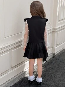 SHEIN 3pcs Young Girls Fashion White Mesh Long Sleeve Ribbed Undershirt,Sleeveless Pearl Button Jacket&Pleated Skirt Set,Comfortable Autumn/Winter Clothing - Black - View 2