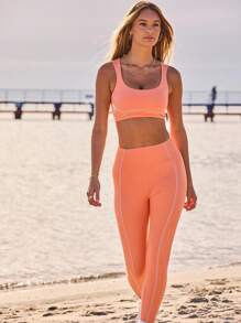 Aralina 女士休闲运动紧身裤，撞色缝线，完美契合夏秋海滩度假和机场装，女士和斯德哥尔摩风格 - 亮橙色 - 查看 4