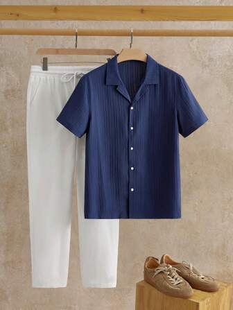 HIMLAND 2pcs/Set Men's Casual Shirt & Pants Set, 2 Piece Matching Vacation Set, Cozy Outfits