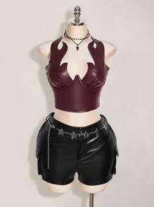 SHEIN ICON Plus Size PU Flame Print Top, Carnival Costume, Party Wear, Halloween,Fall