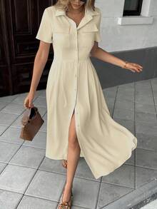 SHEIN PariChic 杏色褶边口袋衬衫裙，休闲优雅办公室女士长裙 - 杏色 - 查看 4