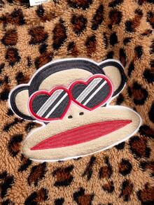 Paul Frank X SHEIN 年轻女孩休闲豹纹刺绣宽松落肩羊毛衫，棕色，秋冬 - 巧克力棕 - 查看 4