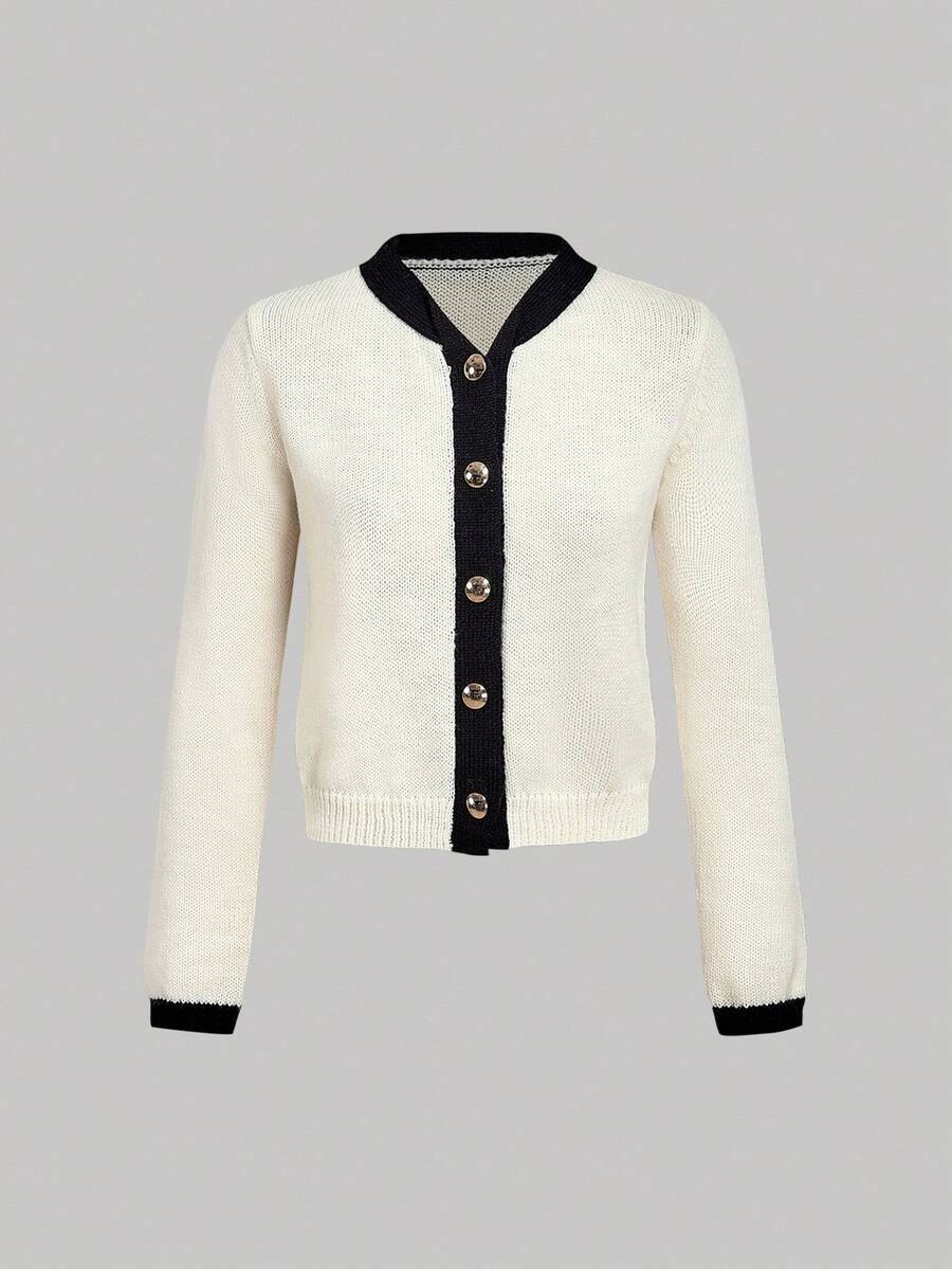 SHEIN Unity Cárdigan casual de cuello redondo con bloques de color para mujer, ropa de vuelta al colegio, cárdigan blanco casual para uso diario, blusas, brunch de mujer, feria del renacimiento, conciertos de mujer, en otoño/invierno - Albaricoque - Ver 1