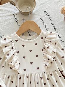 LMoss Kids LMoss Baby Girl Woven Heart Pattern Ruffle Hem Round Neck Casual Dress Baby Girl Long Sleeve Dress Baby Girl Dress Heart Print Dress Baby Heart Dress Baby Cream Dress Fall Winter - Apricot - View 2
