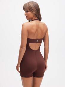 Eassivo Eassivo Women's Brown Halter Neck Ruched Bodysuit,Running Fitness Yoga Exercise Jumpsuit - Coffee Brown - View 3