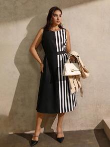 Juhart Plus Size Color Block Striped Round Neck Sleeveless Dress - Multicolor - View 3