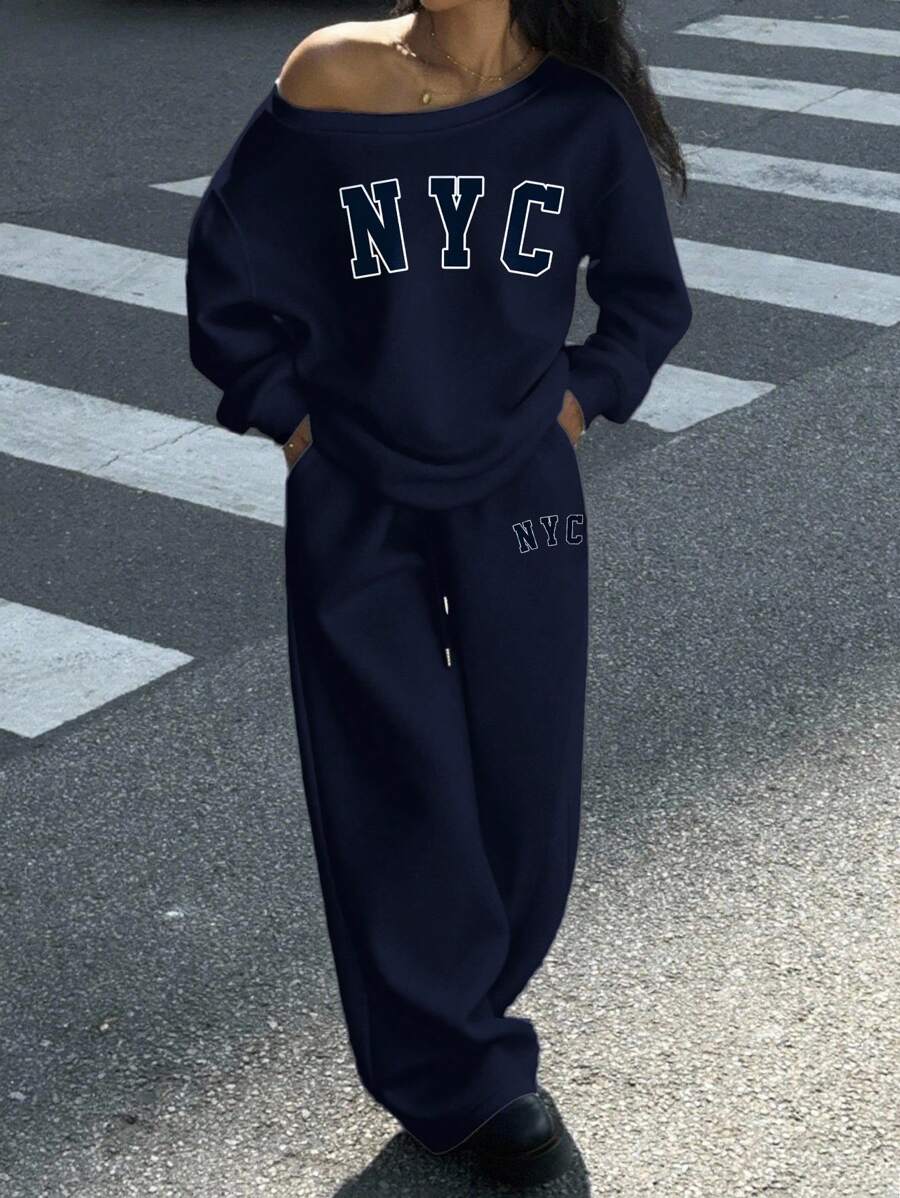 Muchica 2 件套女士纽约印花超大露肩宽松卫衣和阔腿羊毛裤套装，适合秋冬季 - 藏蓝色 - 查看 1