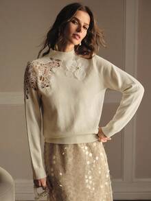 MOTF PREMIUM APPLIQUES CONTRAST LACE KNIT TOP - White - View 7