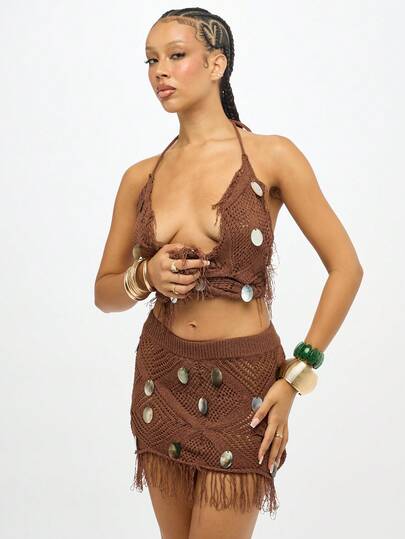 SUMWON WOMEN Häkel-Strick-Minirock mit Muscheldetails und Fransen