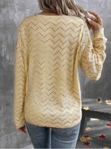 SHEIN LUNE 休闲宽松女士长袖V领T恤，适合日常穿着 - 黃色 - 查看 2