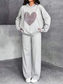 Casual Rhinestone Heart Hoodie & Sweatpants Set - Grey - View 5