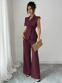 Elenzga Bộ vest nữ thanh lịch thường ngày với áo cánh không tay và quần cạp chun, phù hợp đi làm, đi nghỉ, trà chiều, tiệc tùng, xuân/hè - Màu Tím - Xem 7