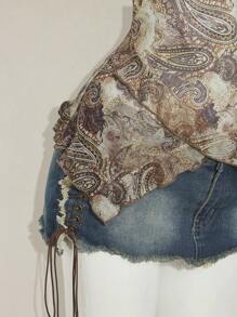 SHEIN ICON Áo hai dây họa tiết Paisley cổ điển dành cho nữ mùa hè - Màu Khaki - Xem 9