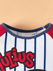 Paul Frank X SHEIN 男婴拼接条纹卡通猴子印花圆领长袖柔软亲肤连体衣 - 紅白色 - 查看 4