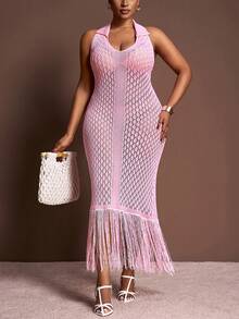 Slaydiva Đầm len dài không tay màu hồng trơn lãng mạn, cổ yếm, vạt tua rua, dành cho nữ, size lớn, mùa đông thu. - Hồng - Xem 5