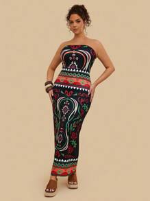 SHEIN VCAY Plus Size Women's Black Print Dress, Knit Stretchy Dress, Autumn Nomadic Boho Dress Strapless Midi Dress Tube Dresses For Women Mexican Dress Women Printed Strapless Dress Boho Maxi Dress Fall  Autumn  Elegant Dresses For Women Civil Wedding Dress Curvy Party Dresses Sunny Journey Frenchy Vacay Dress Summer Getaway​  Vacay Vibes