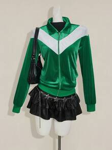 SHEIN ICON Women's Going Out Green Back To School Preppy Casual Colorblocked Patchwork Jacket, Spring/Autumn - Green - View 7