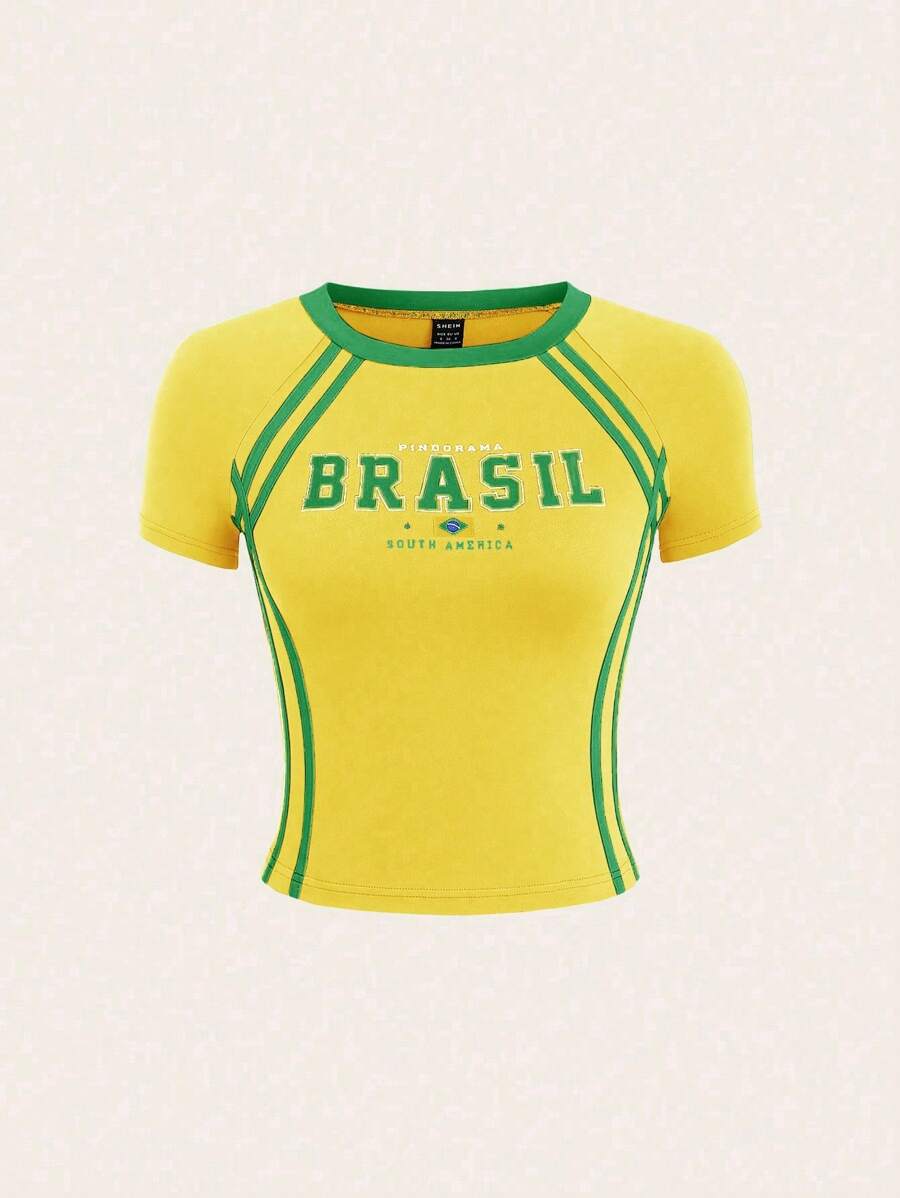 SHEIN Unity Brazil Fan Fitted Cropped T-Shirt Graphic Tees Women Tops - Yellow - View 1