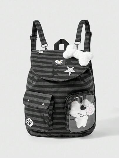 Grunge Punk Punk Style Cat Paw, Bone, Star Print Contrast Color Striped Multi-Pocket Black Backpack, Fashionable Casual Unisex Large Capacity Bag Suitable For Commuting, School