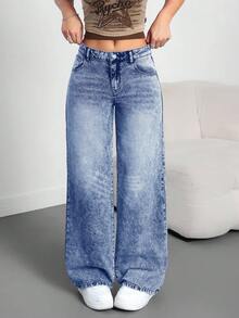 SHEIN Tall Quần Jeans Nữ Quần Ống Rộng Rộng Thường Ngày Quần Jeans Nữ Cao Quần Đen Quần Jeans Cạp Thấp Quần Jeans Cạp Thấp Quần Baggy Quần Nữ Quần Nữ Cao - Rửa nhẹ - Xem 7