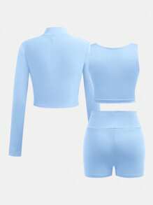 SHEIN 3 件套青少年女孩长袖拉链立领 T 恤、背心和紧身裤运动套装淡蓝色套装蓝色套装 - 藍色 - 查看 3