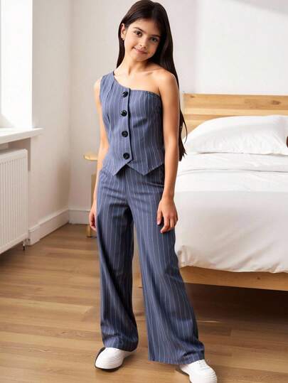 青少年女孩休闲通勤梭织条纹背心和裤子套装