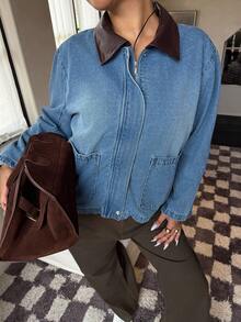 Dripcurv 大码女式复古PU拼接牛仔外套，简约日常穿搭，复古老钱风，适合秋冬新年穿着，复古牛仔外套，男友风牛仔外套，PU皮牛仔外套，秋冬牛仔外套，撞色领牛仔外套，时尚牛仔外套，圣诞牛仔外套，新年牛仔外套，冬季牛仔外套，休闲牛仔外套，工装牛仔外套，百搭牛仔外套，低调奢华牛仔外套，男友风牛仔外套，复古水洗牛仔外套 - 棕色PU撞色领，男友风版型，秋冬必备单品 - 藍色 - 查看 4