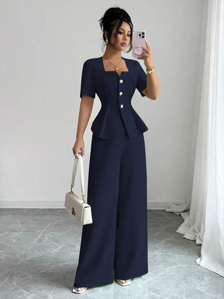 Elenzga New Stylish French Fashion Outfit For Women, Spring/Summer, Fitted Design Sense A-Line Square Collar Blouse + Wide Leg Straight Pants 2 Pieces Set - Navy Blue - View 7