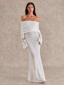 Glamine Váy dạ hội gợi cảm cho nữ, thời trang gợi cảm, màu trơn, bán trong suốt, tay dài một bên vai, váy len maxi, màu trắng - trắng - Xem 6