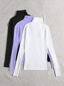 EURMUSE Áo len dệt kim cổ lọ 3 chiếc - Nhiều màu - Xem 4